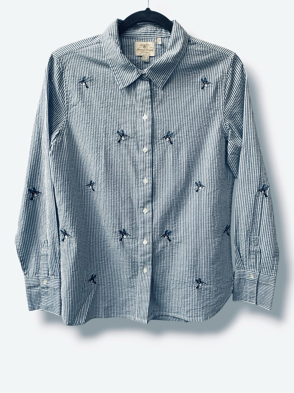 BARBOUR Heritage Highfield Shirt Button Down Hummingbird Embroidered sz 4